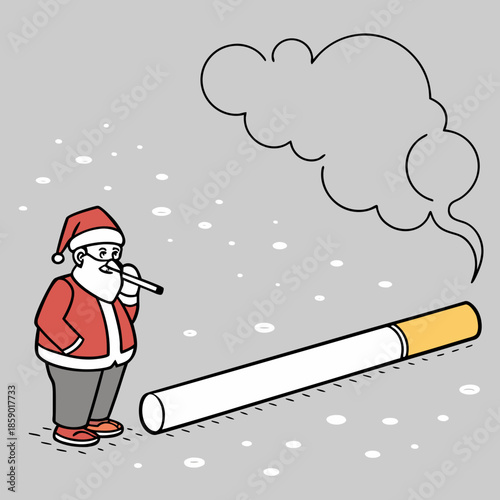 A cartoon santa claus smoking a very large cigarette in the snow