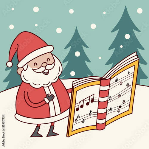 Santa claus reading a musical book in a winter wonderland scene