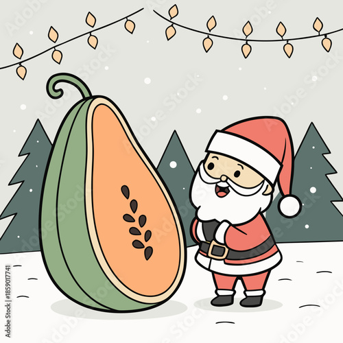 Santa claus admiring a giant papaya with festive string lights above