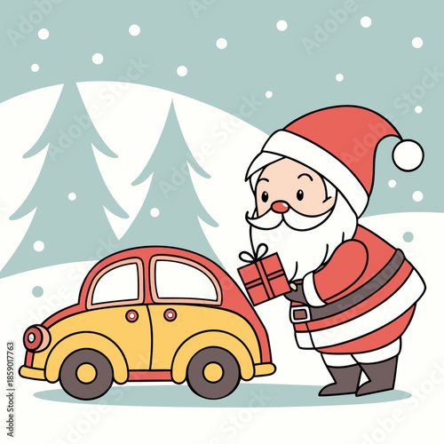 Santa claus cheerfully delivers a gift with a vintage yellow car