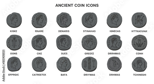 Curated collection of stylized ancient coinage symbols showcasing diverse historical currency icons perfect for design projects and educational content