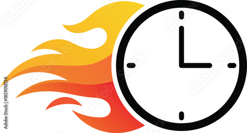 Black clock with orange and yellow flames bursting from the left side time fire
