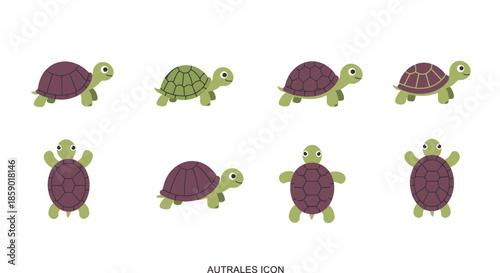 Adorable vector icons of cartoon turtles and tortoises. Multiple angles, varied shell patterns, friendly expressions for playful animal-themed digital designs