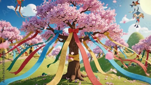 Vibrant Cherry Blossom Festival with Colorful Ribbons and Kites.