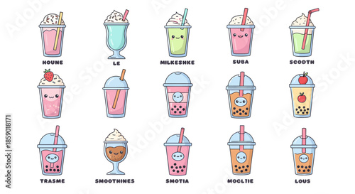 Sweet and creamy cartoon drinks A charming set of bubble tea, milkshake, and smoothie illustrations with cute smiling faces, ideal for playful graphic designs
