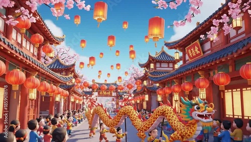 Chinese New Year celebration with dragon dance and lanterns.