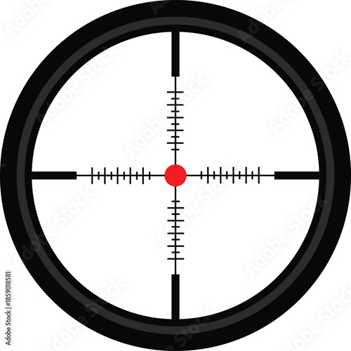 Black rifle scope reticle with red dot crosshair and measurement marks target