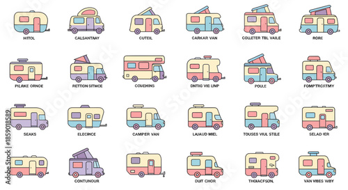 A diverse and comprehensive assortment of recreational vehicle icons, illustrating different models of campers, motorhomes, and trailers for travel and outdoor exploration