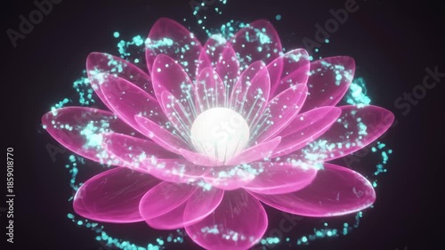 Pink Lotus Flower Blooming With Light Particles in Dark Background