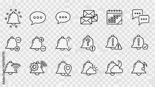 Collection of notification and communication icons in a hand-drawn style.