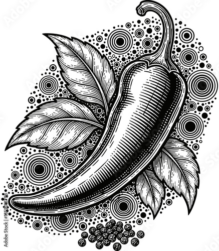 Hot chili pepper with leaves and peppercorns vector illustration, vintage woodblock style spicy vegetable line art for food menu design