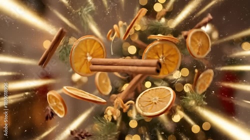 Cinnamon Sticks and Orange Slices Floating Around a Decorated Tree