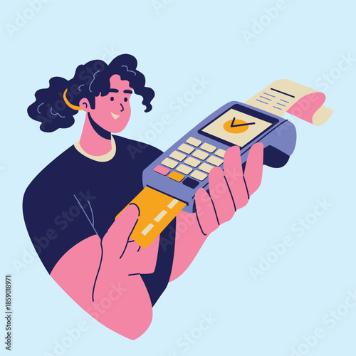 woman cashless payment with pos terminal illustration