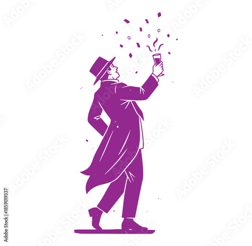 Man in a long coat and hat celebrating with a glass of champagne and confetti