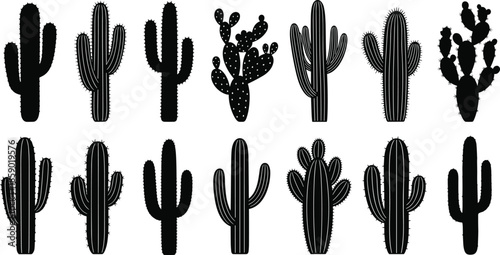 Cactus silhouette set with various desert plants, saguaro and prickly pear succulent icons, southwest nature elements isolated on white background vector illustration