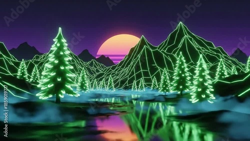 Retro 80s synthwave landscape with glowing neon trees and mountains reflecting in water at sunset.