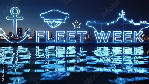 Fleet Week Neon Signage Illuminated at Night on Water.