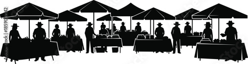Farmers, market, silhouette, set, people, selling, fresh, organic, vegetables, fruits, under, umbrellas, outdoor, street, fair, community, commerce, local, business, vector, 