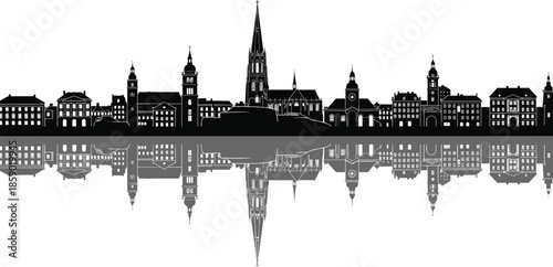 European old town city skyline silhouette with water reflection, historic buildings, cathedral spires, and traditional architecture vector illustration for travel and heritage tourism,