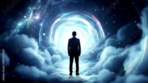 A silhouette of a man stands on clouds, gazing into a radiant, swirling tunnel of light in space