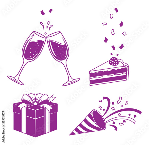 Purple celebration icons including champagne glasses cake gift box and party horn