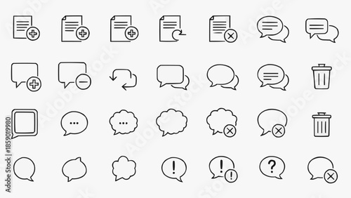 Collection of communication and document icons representing various actions and messages.