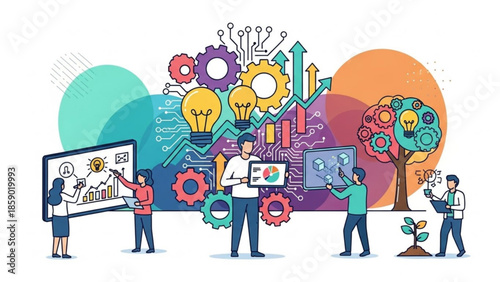 Professionals collaborating in a modern workspace surrounded by innovative ideas and technology