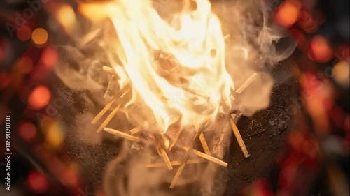 Matches Ignite Into Bonfire on Dark Background With Firey Bokeh