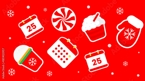 Christmas of calendars, candy, mittens, and snowflakes on red background
