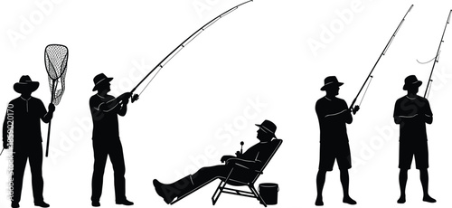 Fisherman silhouette set with fishing rod and net, men catching fish, sitting in chair and standing poses, outdoor hobby icons on white background