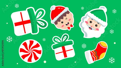 Green background showcases christmas element santa gifting a boy with candy cane and stocking