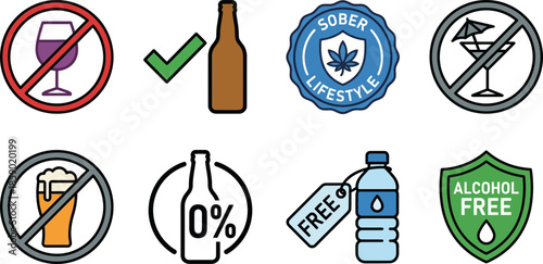 Clear and simple sobriety lifestyle symbols emphasizing moderation and water consumption with protective elements on a dark background