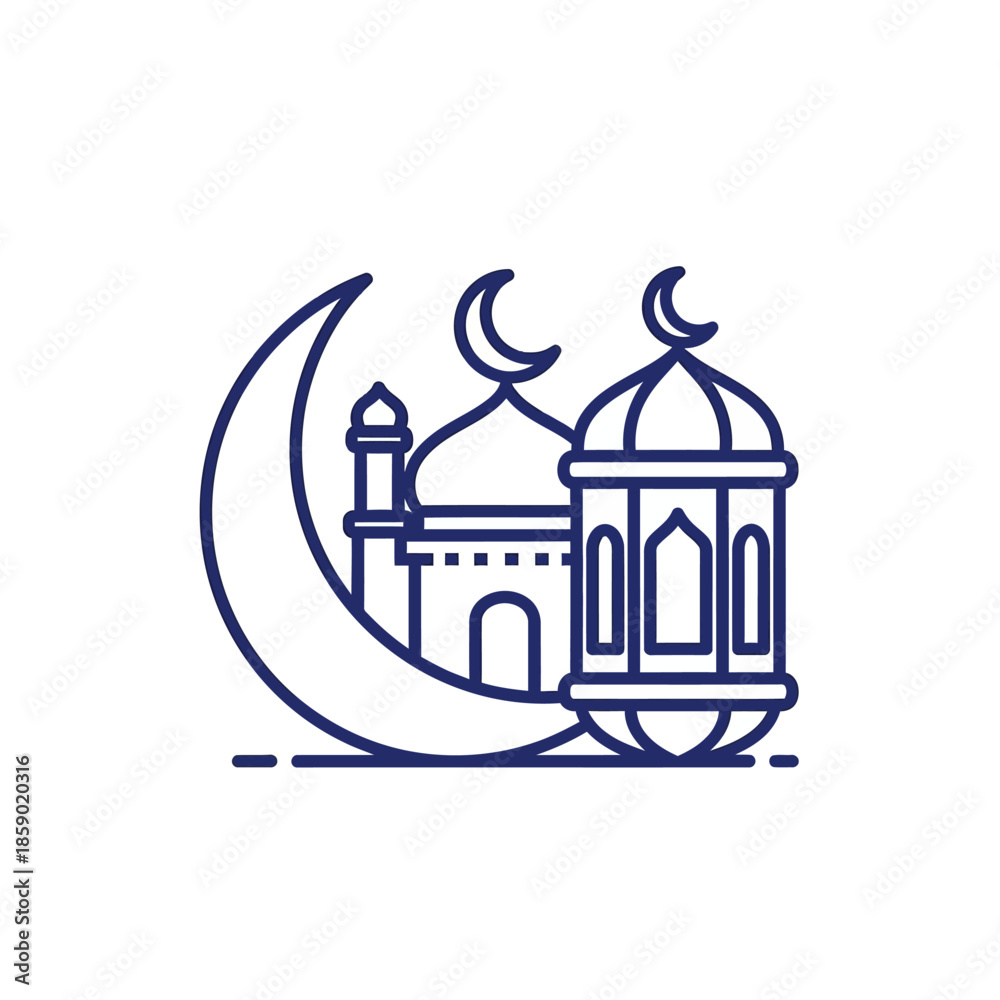 Fototapeta premium Islamic crescent moon, mosque, and lantern icon