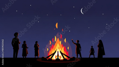 Group of people gathered around a campfire under a starry night sky with a crescent moon
