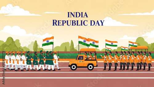 Military Parade Celebrating Republic Day in India with Flags and Vehicles