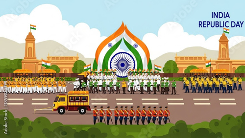 Military Parade Celebrating Republic Day in India with Soldiers and Vehicles on a Grand Avenue