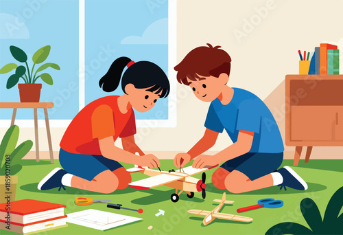 Two children collaborating to build a model airplane on the floor indoors