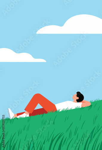 Person relaxing on grassy hill under cloudy blue sky