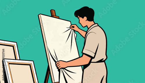A person adjusts a blank canvas on an easel, surrounded by more canvases