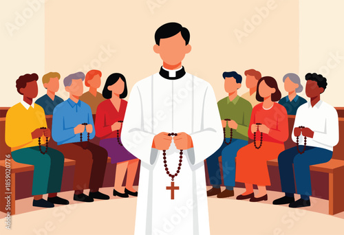 A religious leader holds rosary beads while people sit in pews praying
