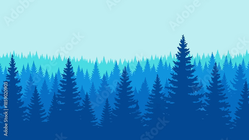A serene, minimalist landscape of dense evergreen forest under a clear sky in varying shades of blue