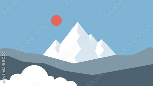 Minimalist mountain landscape illustration with a bright sun and soft clouds under a clear blue sky, evoking serenity and adventure