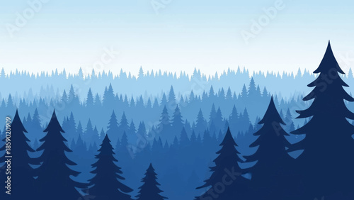 Serene Blue Forest Landscape with Layered Pine Trees in a Gradient Sky