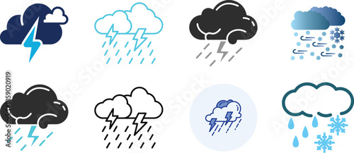 Strom Weather Icon set. Weather symbol for web. Lightning bolt and cloud outline symbol. Simple weather graphic. Strom, power, and electricity concept. Vector illustration for energy logo design.