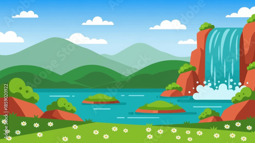 Serene natural landscape with a majestic waterfall cascading into a tranquil blue lake, surrounded by lush green hills and dotted with small islands and wildflowers