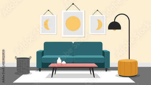 Cozy Living Room Scene with Teal Sofa, Coffee Table, and Artwork