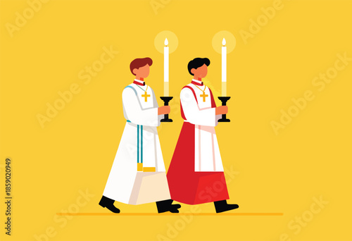 Two individuals in ceremonial robes walk with lit candles, representing religious procession