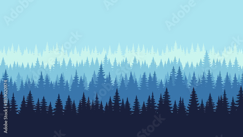 Serene forest landscape with layers of pine trees under a gradient blue sky