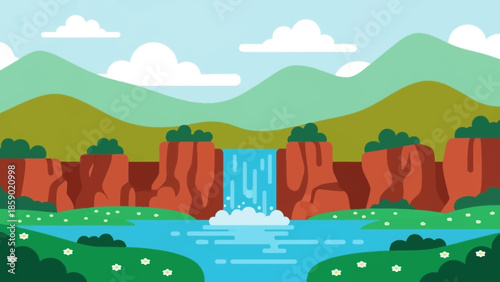Scenic illustration of a cascading waterfall flowing into a serene lake surrounded by lush green hills and distant mountains under a clear blue sky with fluffy clouds