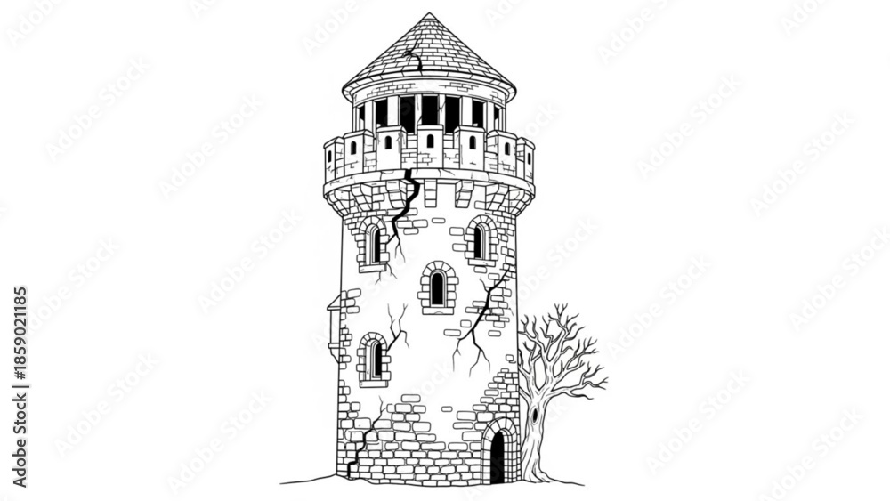 Obraz premium A detailed black and white illustration of a medieval stone tower with a conical roof and small windows surrounded by a leafless tree